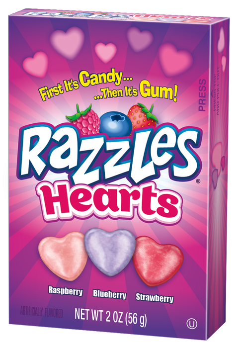 Indulge in a sweet and surprising treat with Razzles! Each piece starts as candy and transforms into gum, giving you double the fun. Perfect for Valentine's day, this 2oz box or 24ct box is a playful and tasty way to show your love.