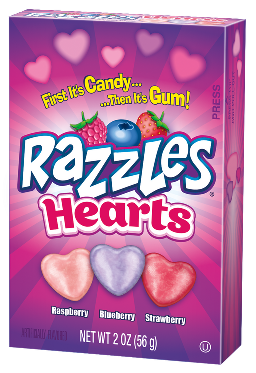 Indulge in a sweet and surprising treat with Razzles! Each piece starts as candy and transforms into gum, giving you double the fun. Perfect for Valentine's day, this 2oz box or 24ct box is a playful and tasty way to show your love.