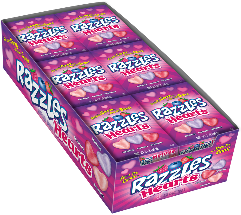 Indulge in a sweet and surprising treat with Razzles! Each piece starts as candy and transforms into gum, giving you double the fun. Perfect for Valentine's day, this 2oz box or 24ct box is a playful and tasty way to show your love.