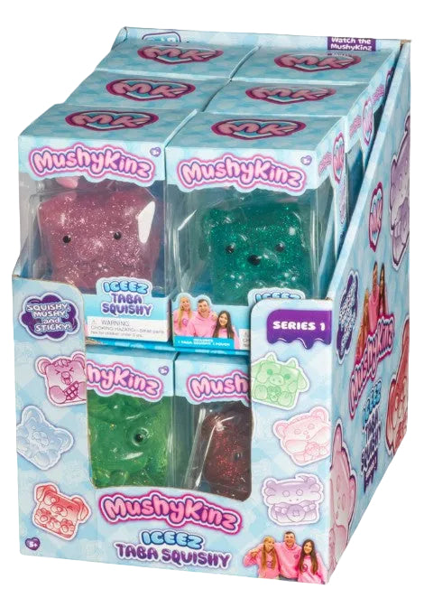 Display box of Mushykinz iceeze taba squishy toys with colorful packaging.