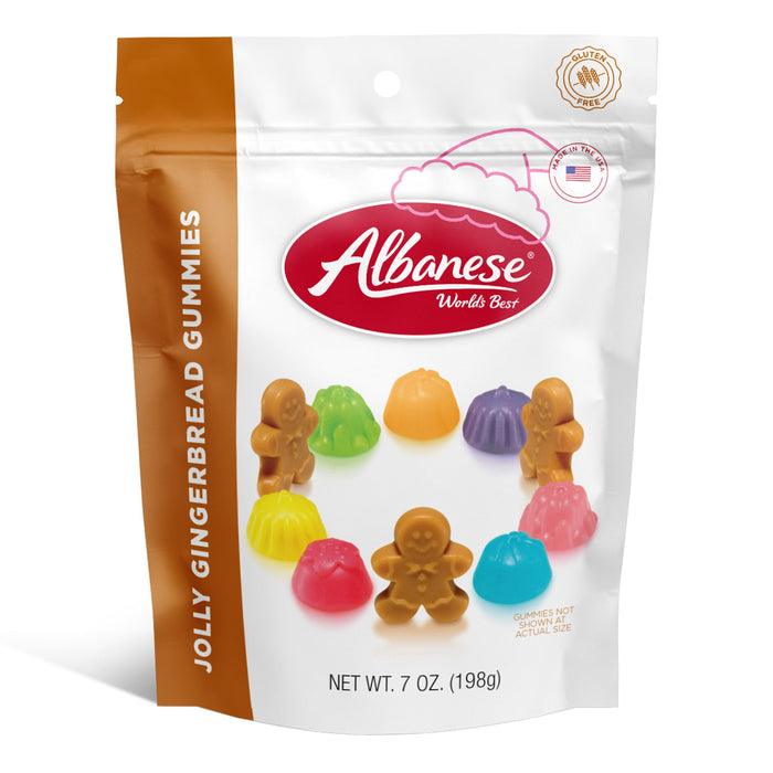 Albanese Jolly Gingerbread Gummies packaging with colorful gingerbread-shaped gummies on a white background.