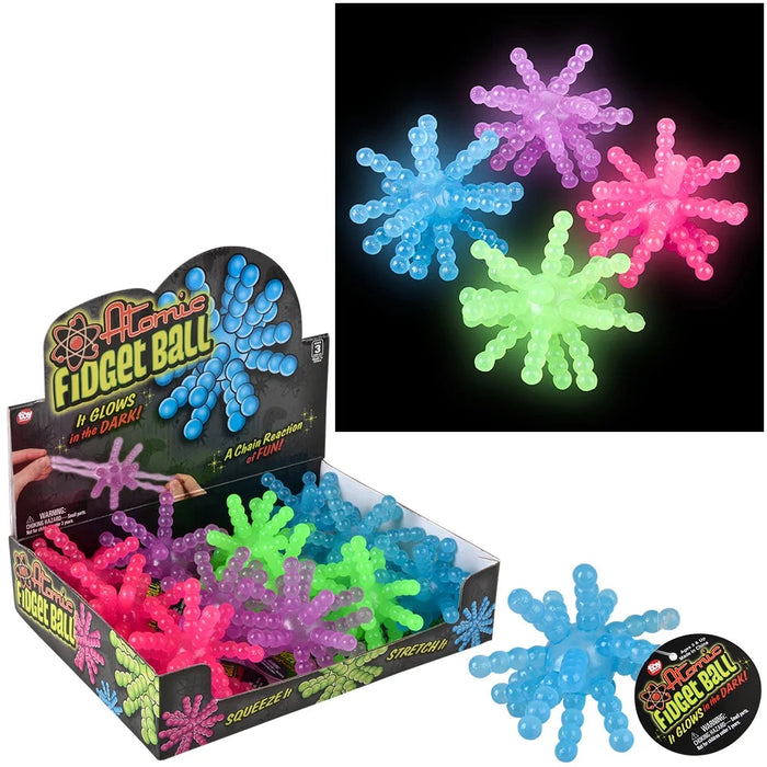 Glowing fidget balls in blue, pink, and green with packaging and close-up insets.