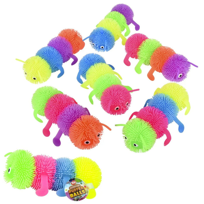 Colorful caterpillar-shaped puff balls on a white background