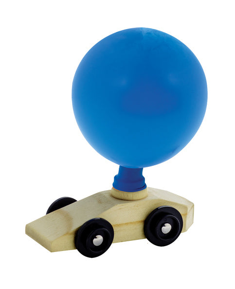 Toy car with a blue balloon on a white background