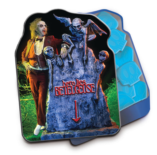 BeetleJuice AfterLife Sours Blue Raspberry Shaped Skulls Candy Filled Metal Embossed TIn