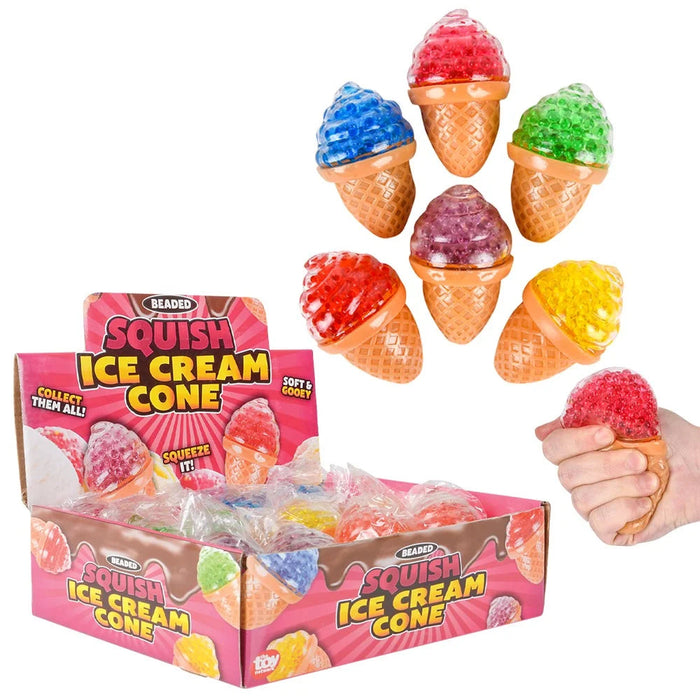 Squish ice cream cone toys with packaging and a hand holding one toy.