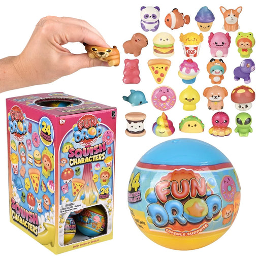 A toy surprise egg set called 'Fun Drop Squish Characters' shown with its retail box, a large blue and yellow surprise egg, a hand holding a small character figure, and a grid of many colorful character figures on a white background.