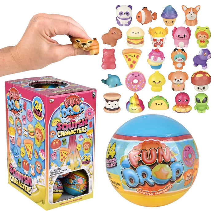 A toy surprise egg set called 'Fun Drop Squish Characters' shown with its retail box, a large blue and yellow surprise egg, a hand holding a small character figure, and a grid of many colorful character figures on a white background.