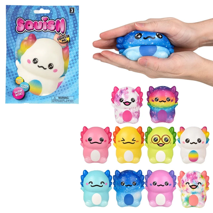A set of cute, colorful squishy toy axolotls in various pastel and galaxy designs, shown alongside a person's hands holding one of the blue galaxy squishies and the retail packaging.