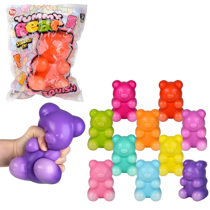Colorful gummy bear-shaped stress relievers with a hand squeezing a purple one, and a package of gummy bears in the background.