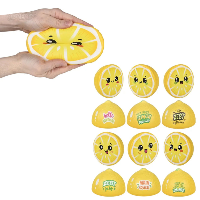 A set of yellow lemon-themed squishy toys, including one large lemon slice held by hands at the top and twelve smaller round and dome-shaped lemons with cute faces and colorful text below, on a white background.