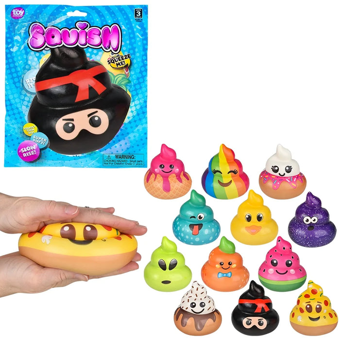 Squishy toys with packaging and a hand holding one toy on a white background