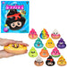 Squishy toys with packaging and a hand holding one toy on a white background