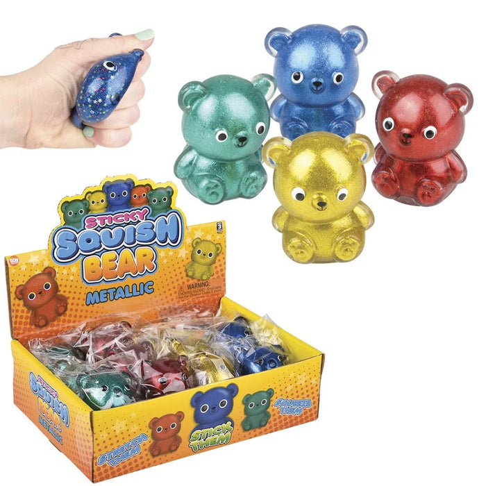 Colorful metallic Sticky Squishy Bears with packaging and a hand holding one bear.