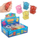 Colorful squishy bear toys with packaging and a hand squeezing one toy.