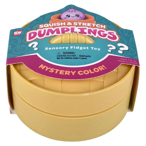 A packaged Squishy Stretch Dumplings sensory fidget toy by Tiny Toys. The product is shown in its retail packaging, featuring a round, layered yellow plastic container with a purple question-mark dumpling peeking out from the top.