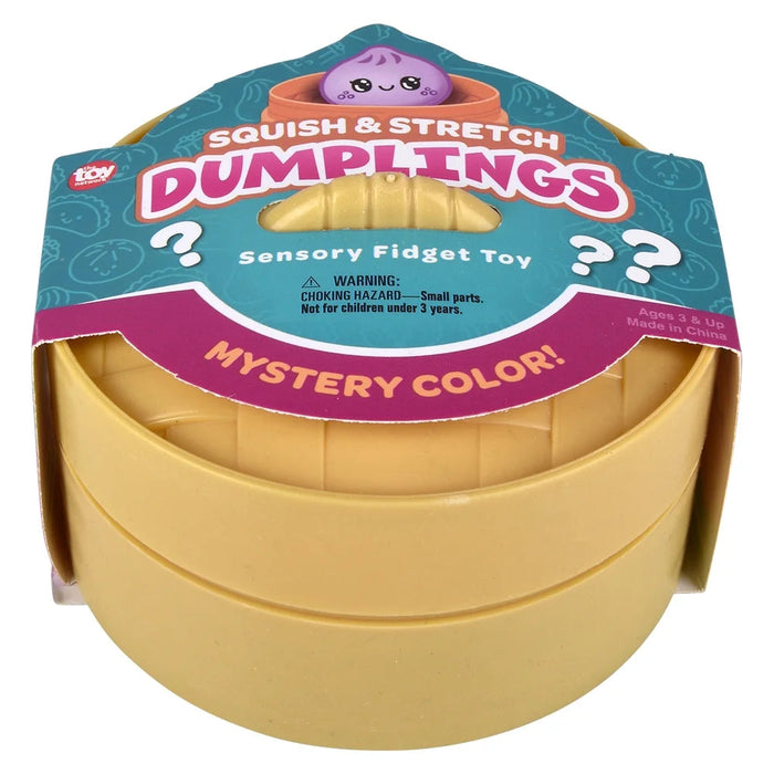 A packaged Squishy Stretch Dumplings sensory fidget toy by Tiny Toys. The product is shown in its retail packaging, featuring a round, layered yellow plastic container with a purple question-mark dumpling peeking out from the top.