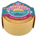 A packaged Squishy Stretch Dumplings sensory fidget toy by Tiny Toys. The product is shown in its retail packaging, featuring a round, layered yellow plastic container with a purple question-mark dumpling peeking out from the top.