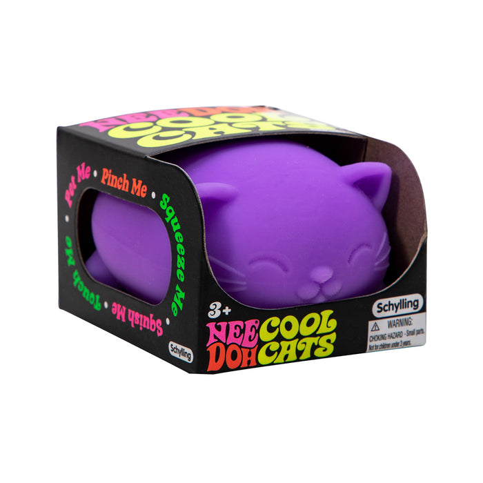 Purple cat-shaped toy in a colorful box on a white background