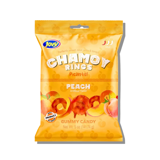 A 5 oz bag of Jovy Chamoy Rings Picante Peach gummy candy, featuring a bright orange-yellow packaging with illustrations of peaches and red gummy rings, set against a plain white background.