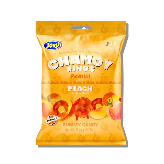 A 5 oz bag of Jovy Chamoy Rings Picante Peach gummy candy, featuring a bright orange-yellow packaging with illustrations of peaches and red gummy rings, set against a plain white background.