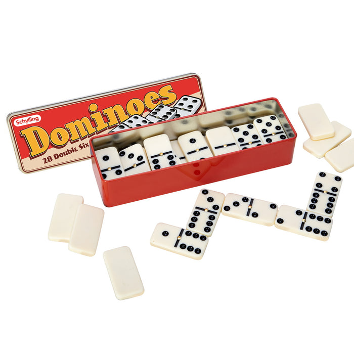 Dominoes set with red storage box on a white background