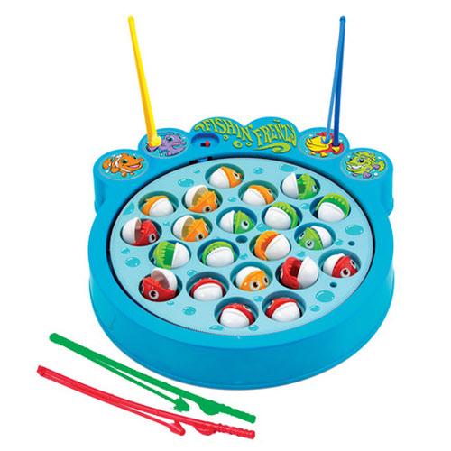 Children's fishing game with colorful rods and fish on a blue board