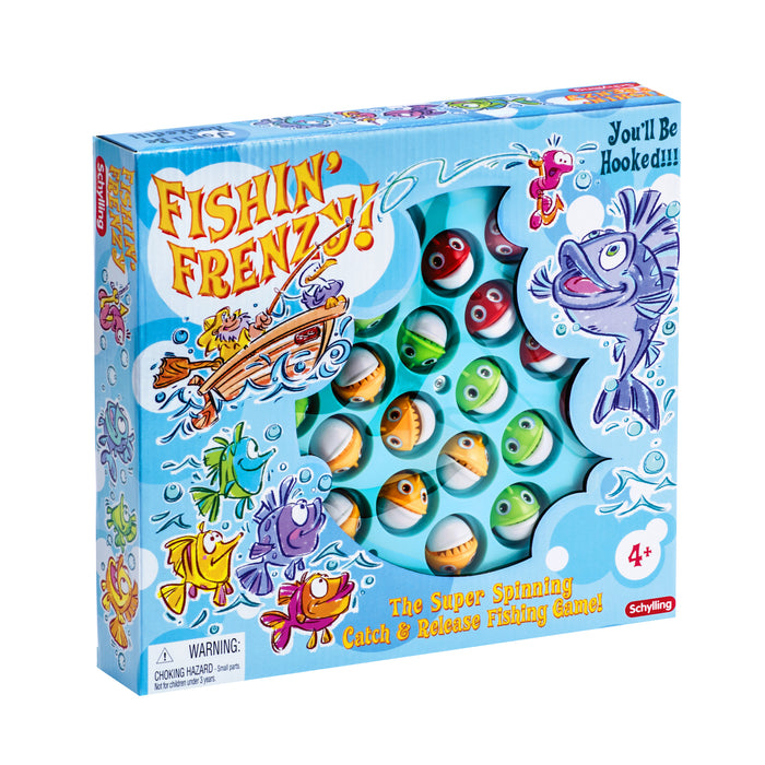Box of 'Fishin' Frenzy' fishing game with colorful fish illustrations on a white background