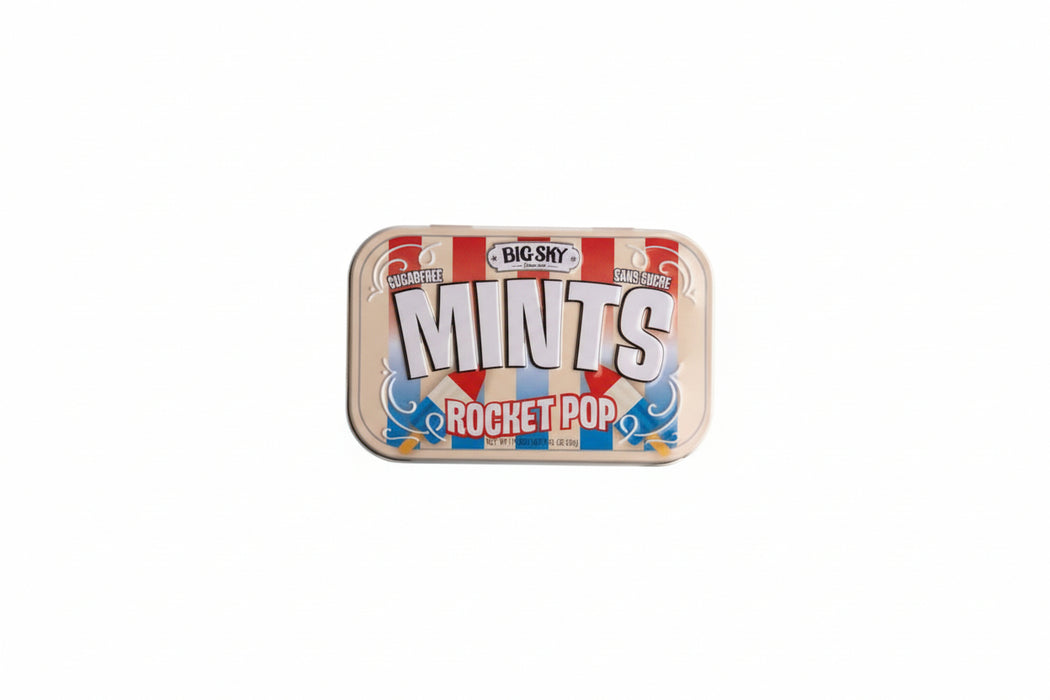 Big Sky Mints Rocket Pop packaging with red and blue popsicles on a white background