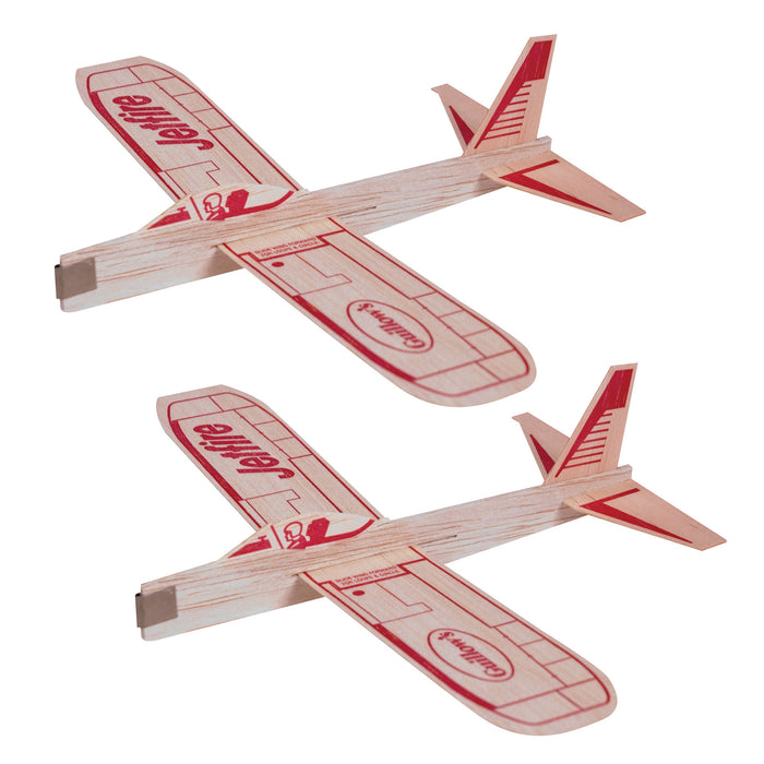 Two wooden toy airplanes with red accents on a white background
