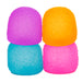 Four colorful rubber dog toys stacked on a white background