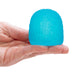 Blue textured object held in a hand with a white background