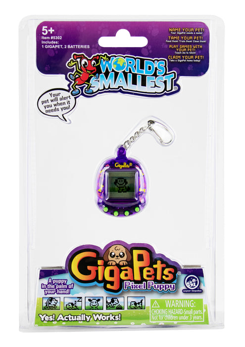 World's Smallest Gigapets Pixel Puppy toy in packaging with purple color scheme.