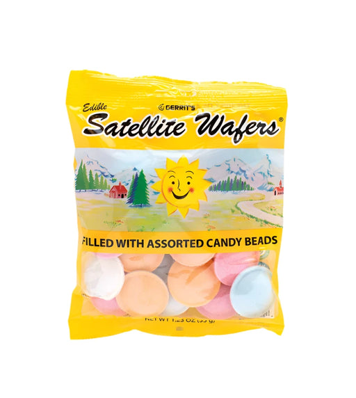 Edible Corn Starch disc's with Candy Beads inside. Gerrit's® Satellite Wafers® have been a beloved treat in America since the 1950s, especially in the Northeast. These nostalgic Belgian wafers bring joy to both children and adults alike—kids love them as a fun novelty, while grown-ups appreciate the low-calorie indulgence