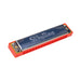 Red and silver Schylling metal harmonica on a white background
