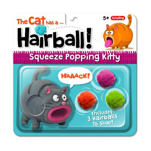 Squeeze popping kitty toy packaging with colorful hairballs and cartoon cat design.