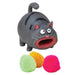 Toy cat with open mouth and colorful pom-poms on a white background