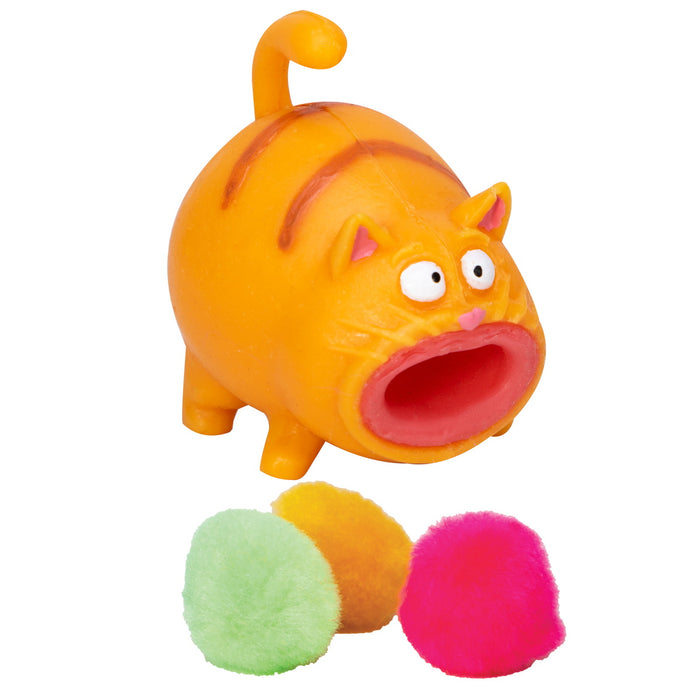 Toy cat with open mouth and colorful pom-poms on a white background