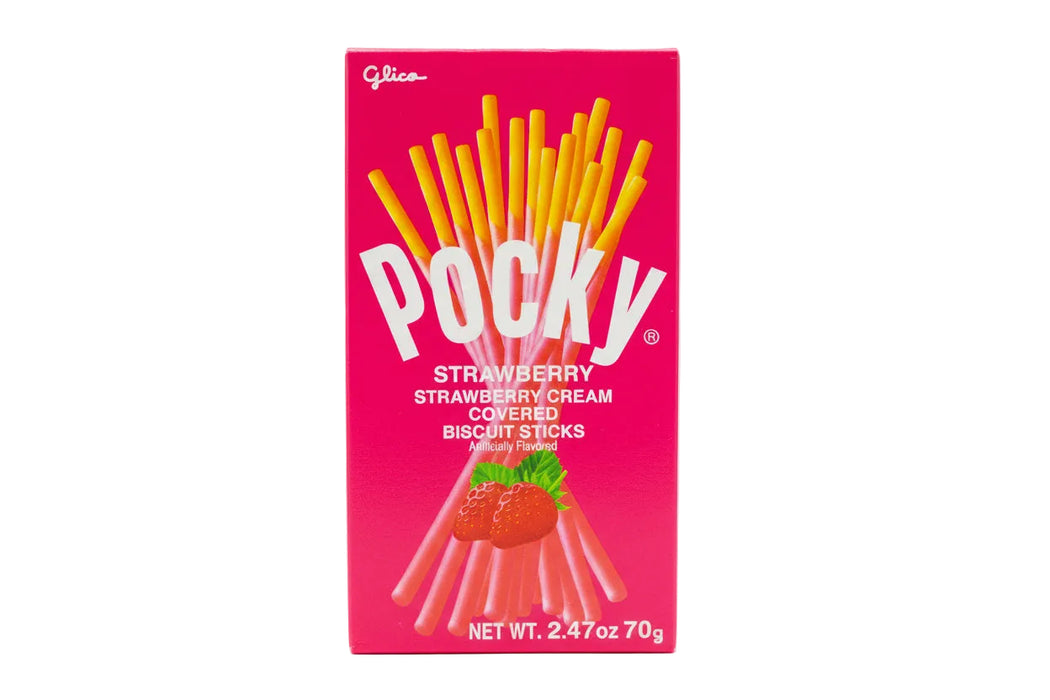 Indulge your sweet tooth with Pocky Strawberry &amp; Cream biscuit sticks. Each 2.47oz box contains delicious, crunchy biscuit sticks coated in rich, sweet strawberry and cream! Grab a box today and indulge in a true Japanese treat!