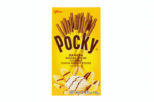 Indulge your sweet tooth with Pocky Banana Cream Covered Cocoa biscuit sticks. Each 2.47oz box contains delicious, crunchy cocoa biscuit sticks covered in a sweet and savory banana cream! Grab a box today and indulge in a true Japanese treat!