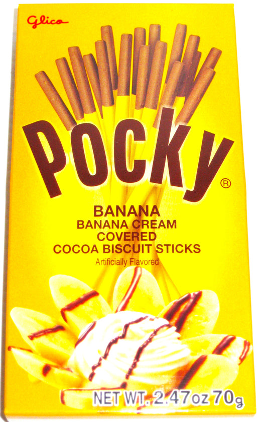 Indulge your sweet tooth with Pocky Banana Cream Covered Cocoa biscuit sticks. Each 2.47oz box contains delicious, crunchy cocoa biscuit sticks covered in a sweet and savory banana cream! Grab a box today and indulge in a true Japanese treat!