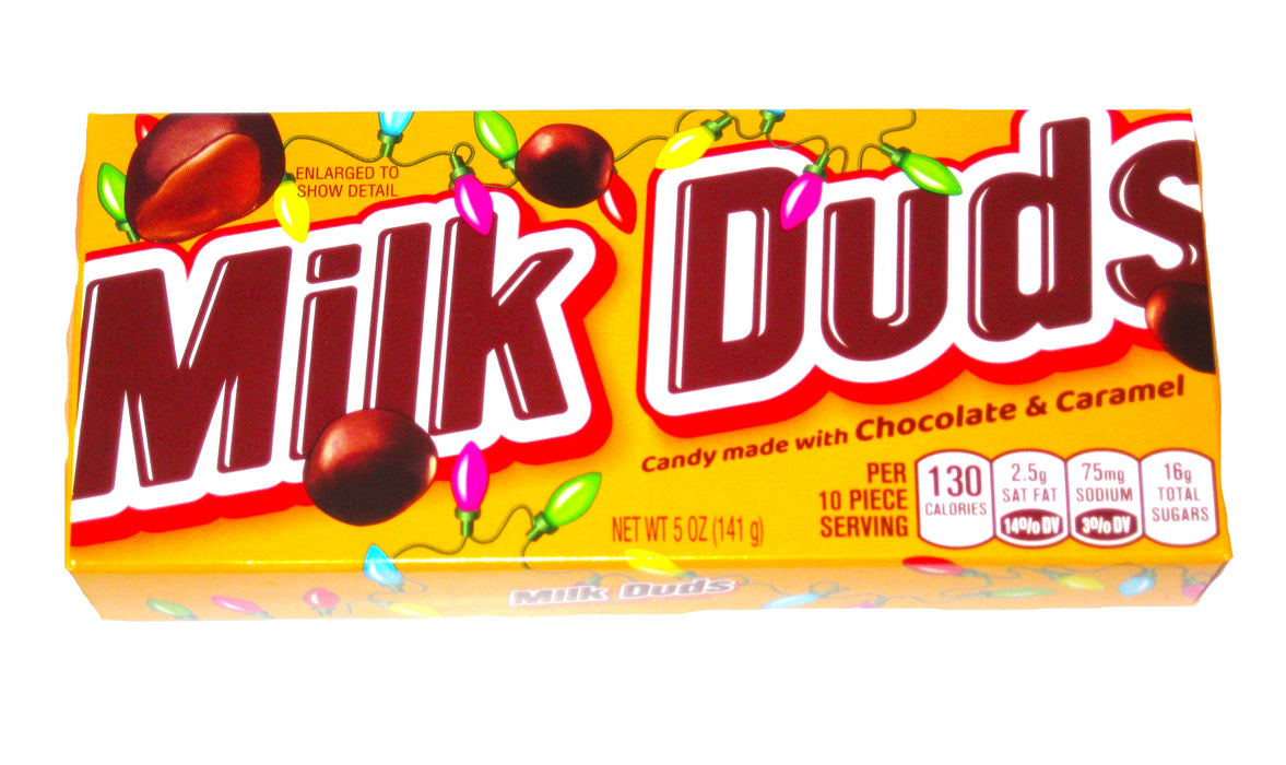 Milk Duds, a delicious candy of Chocolate and Caramel, today manufactured by Hershey. The name milk dud is somewhat funny on the origin, Milk- because the large amount of milk used to produce and the DUDs - well that was because they found it utterly impossible to make a perfectly spherical piece which was the original aim for the candy when it was introduced WAY back in 1928 by the Hoffman Co in Chicago.