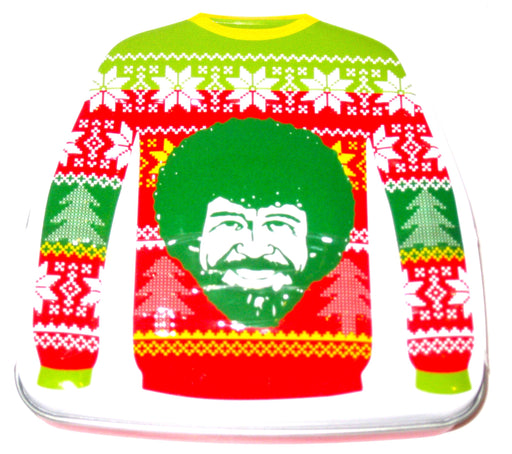 Bob Ross 3D Ugly Sweater tin filled with 3D tree shaped candies tin