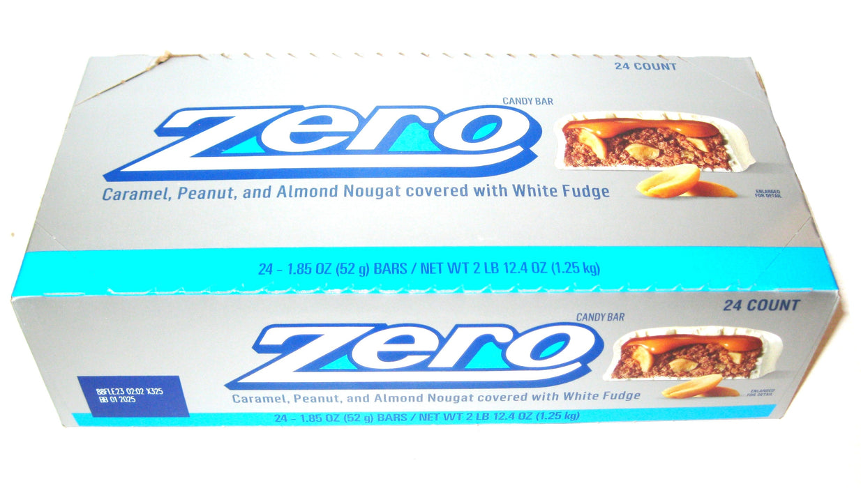 Zero Candy Bar - Caramel Peanut & Almond Nougat Covered in White Fudge 1.85oz bar -24ct box