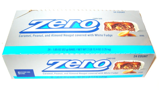 Zero Candy Bar - Caramel Peanut & Almond Nougat Covered in White Fudge 1.85oz bar -24ct box