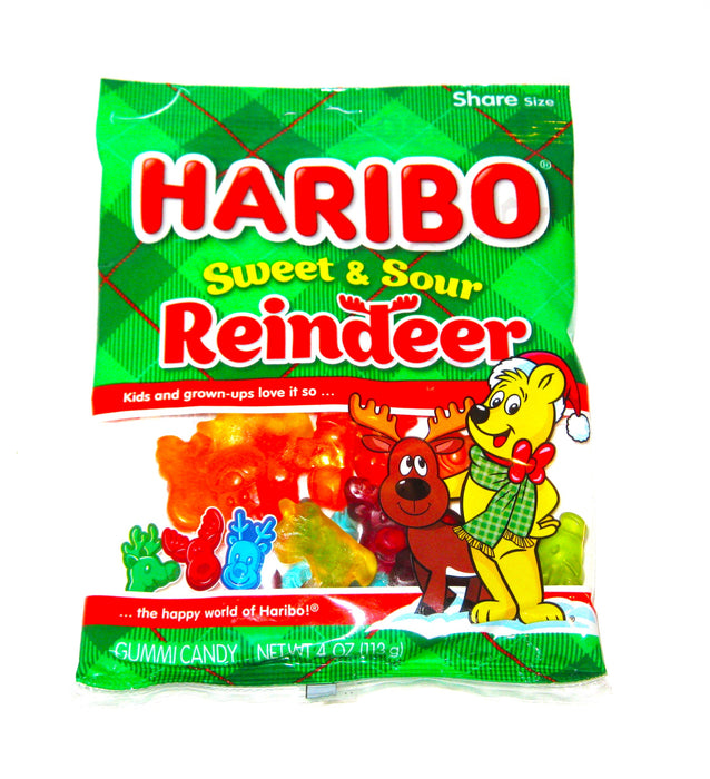 Indulge in the perfect holiday treat with our Christmas Haribo Sweet And Sour Reindeer Gummies! Enjoy a mix of sweet apple, cherry, and blueberry flavors, along with a tangy twist of lemon, strawberry, and orange. With 4oz in each bag, these gummies make for a delicious stocking stuffer or festive snack. Satisfy your sweet and sour cravings with these tasty treats!