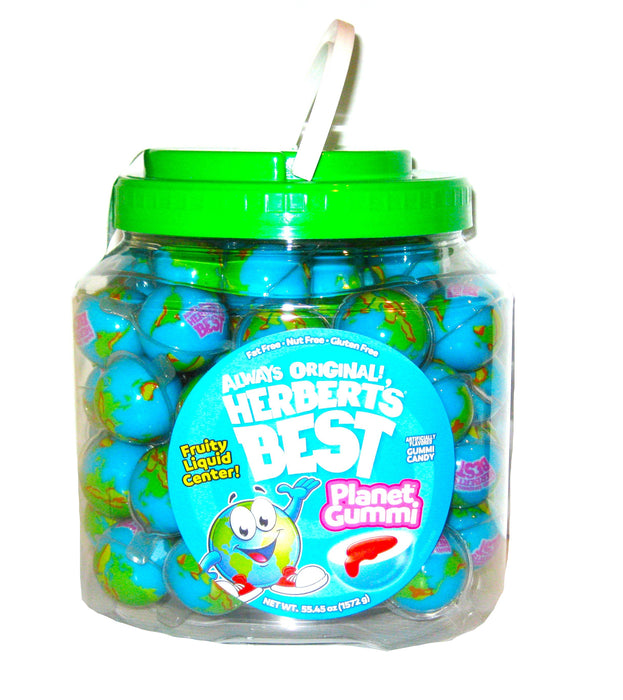 Jar of Herbert's Best Planet Gummy candy with a green lid on a white background