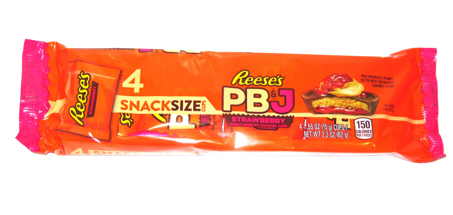 Pack of Reese's Snack Size PB&J Strawberry bars on a white background