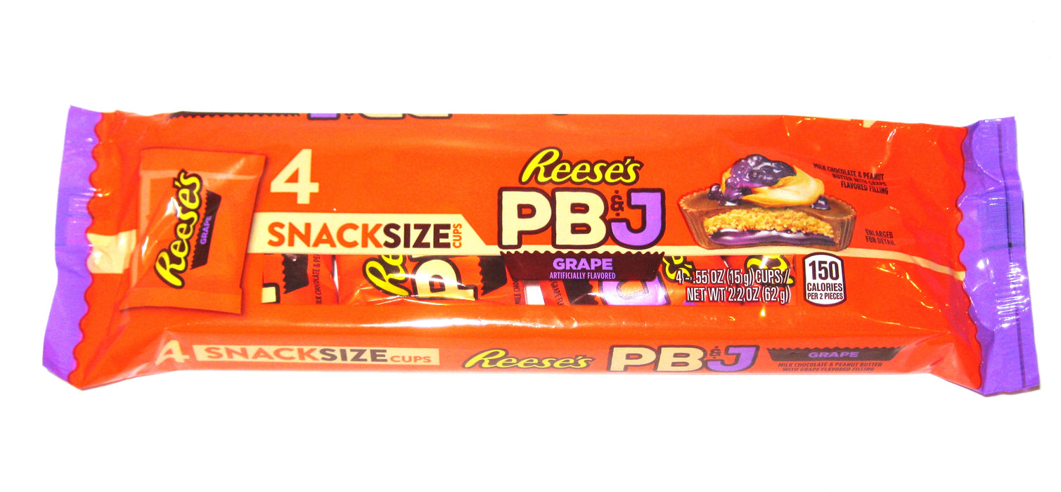 Packaging of Reese's Snack Size PBJ Grape candy bars on a white background