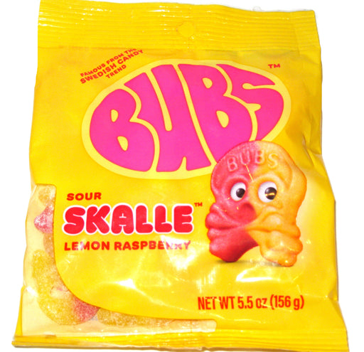 Yellow package of Bubs Sour Skalle Lemon Raspberry gummy candies on a white background